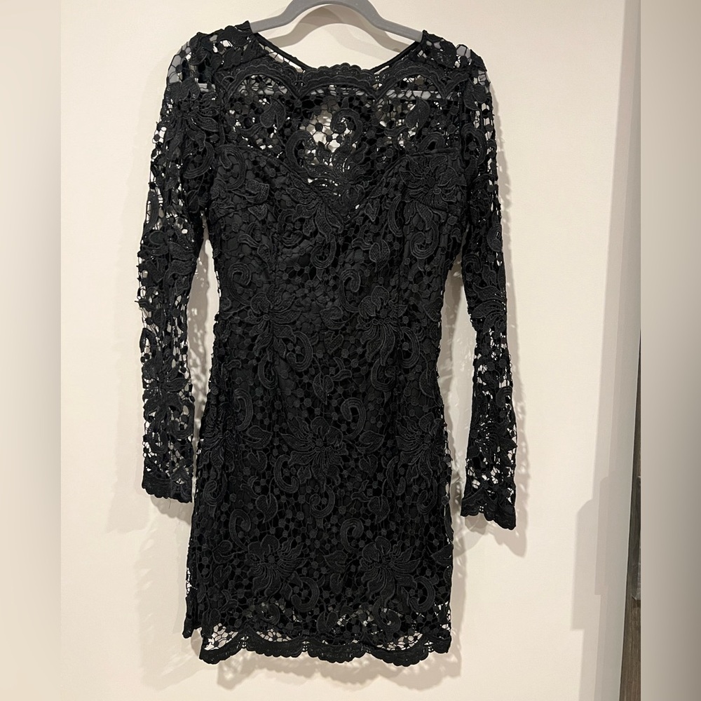 Black cocktail dress - backless with lace long sleeves